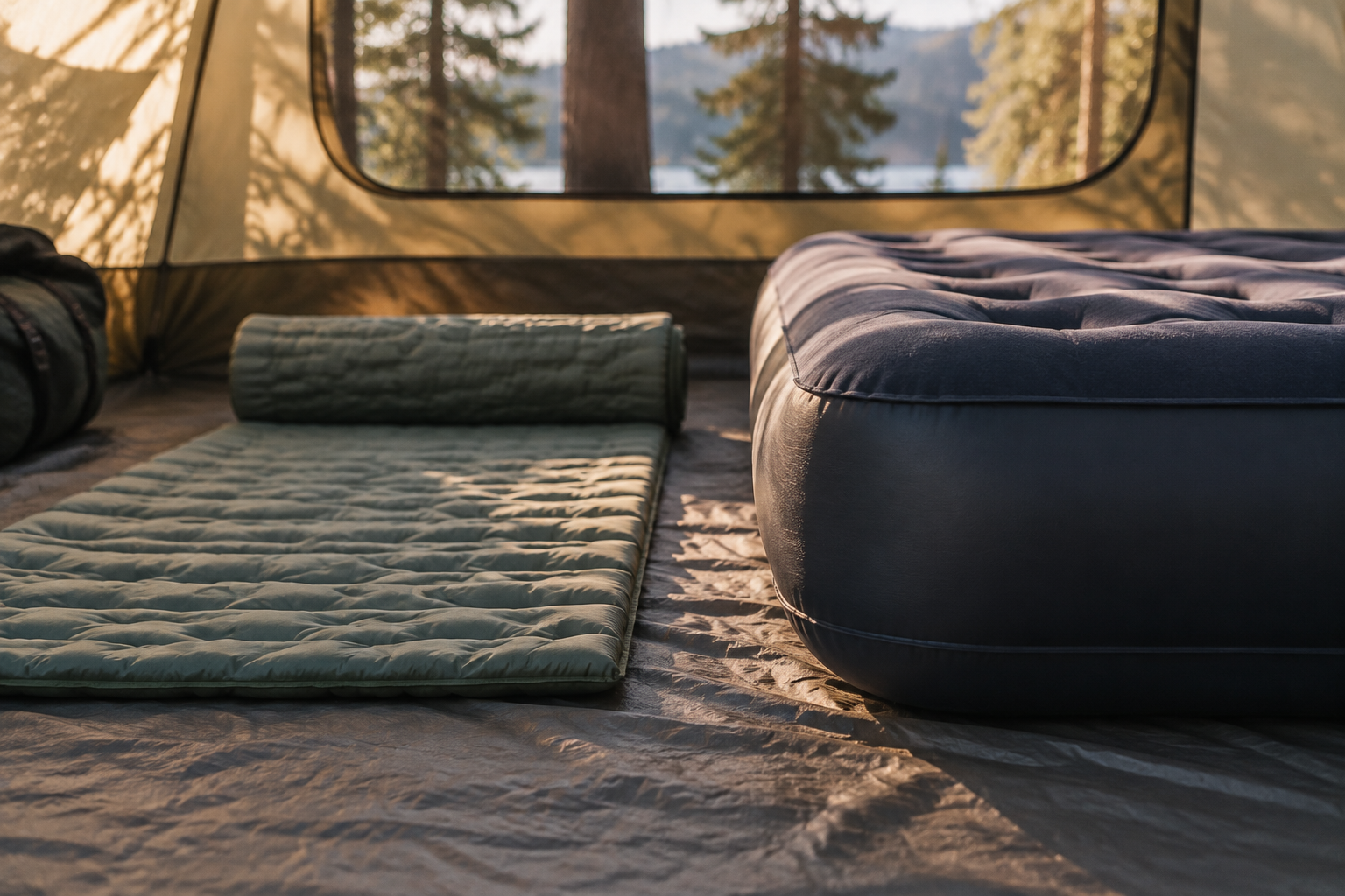A thin insulated sleeping pad lying beside a thick uninsulated air bed on a tent floor