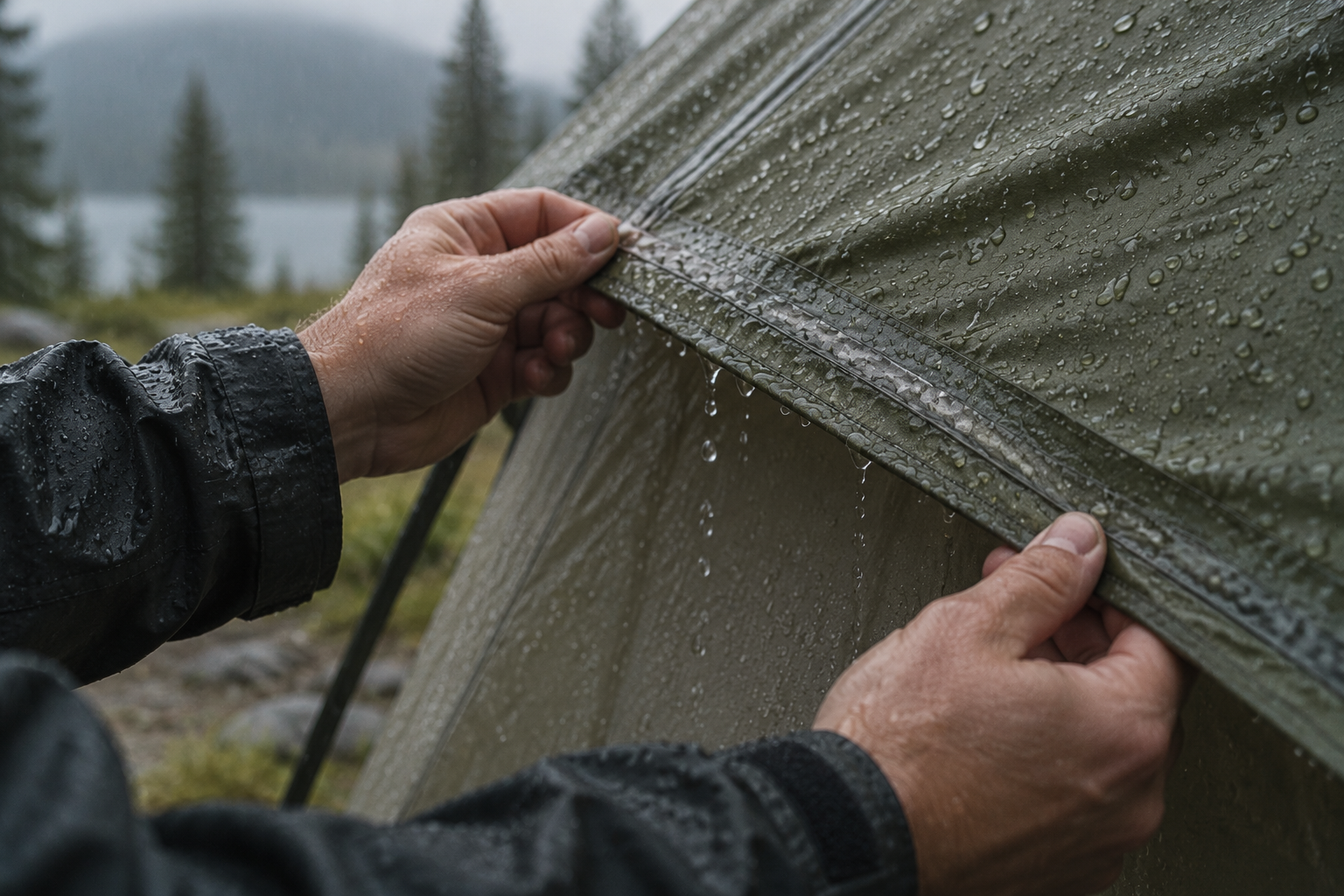 Hands checking the taped rainfly seam of a tent in light rain
