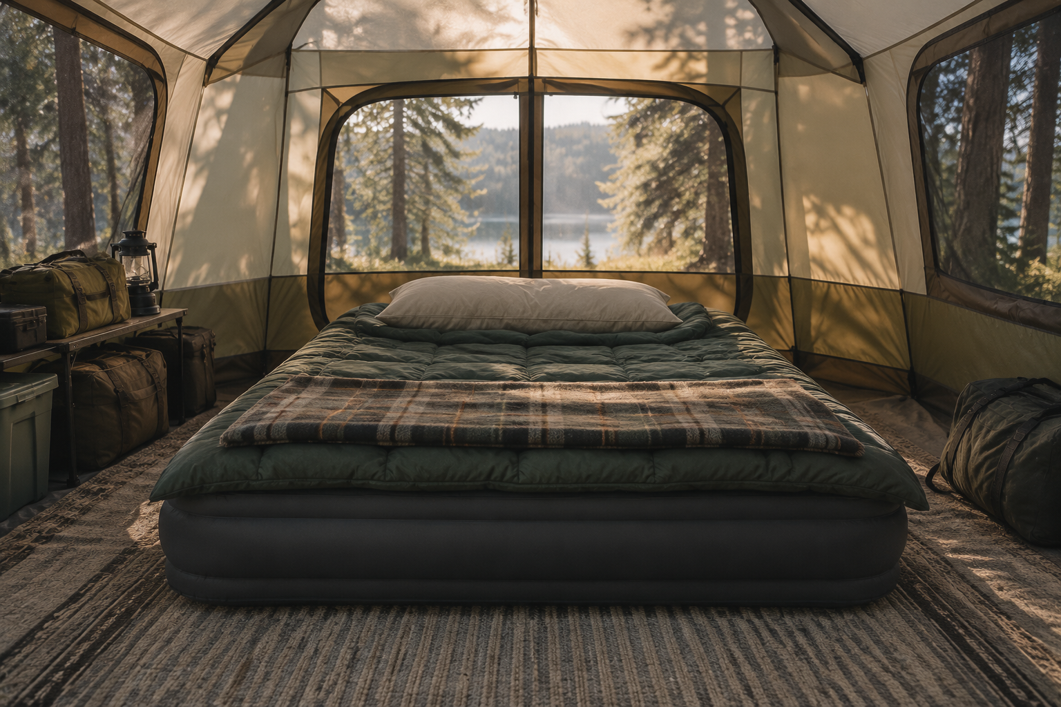 A queen air mattress made up with a sleeping bag inside a large family tent