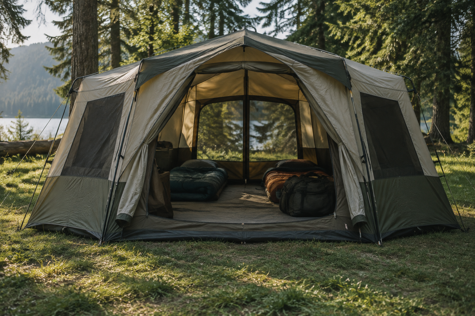 A large cabin-style family tent with its door open on a green campsite