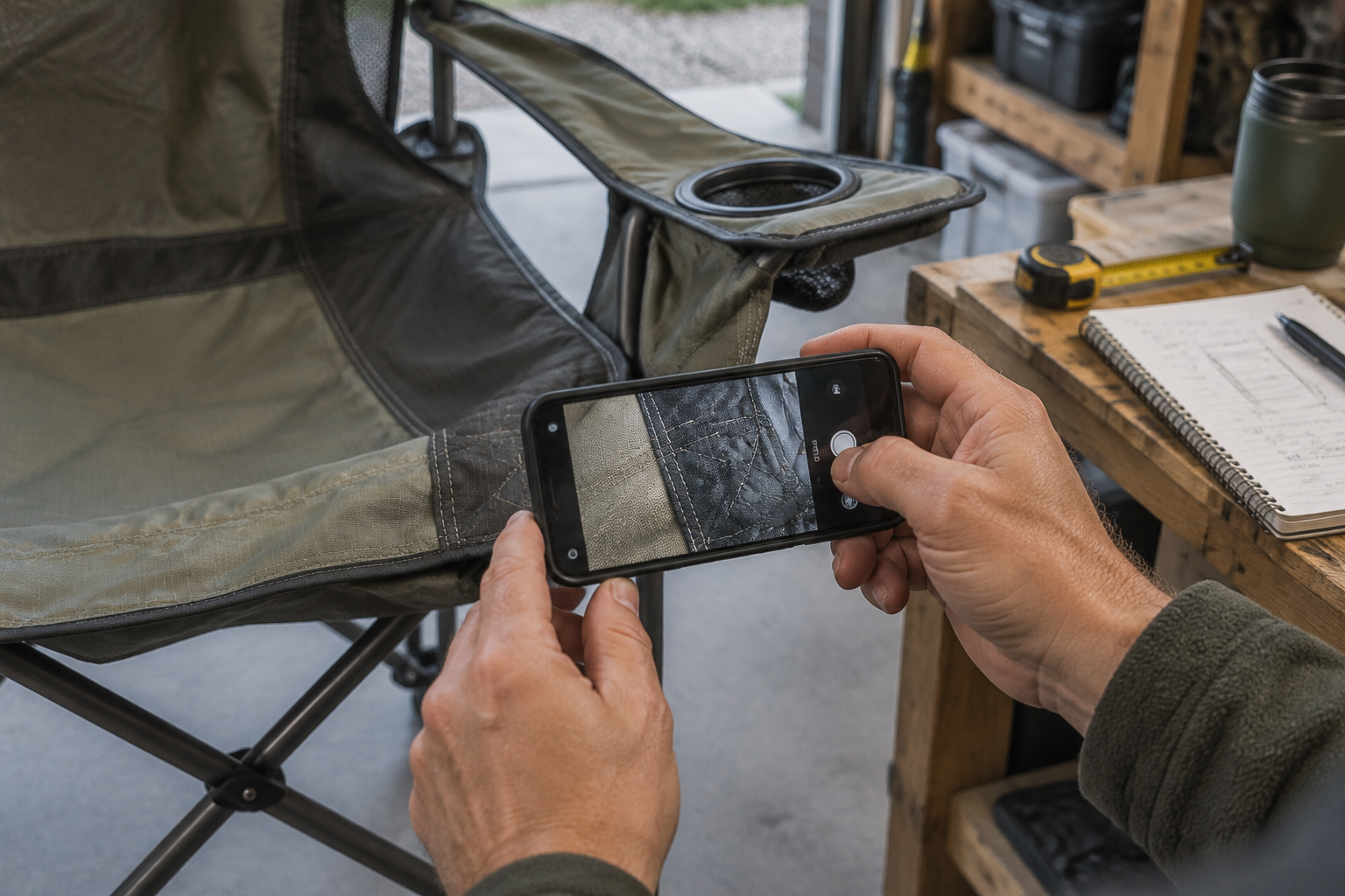 Hands photographing the stitching detail on a camp chair seat with a phone